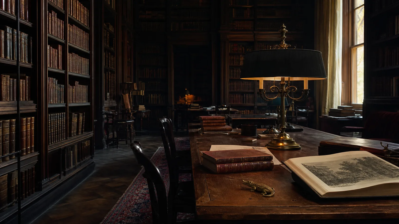 Biblioteca privata con tavolo di lettura e lampade in ottone